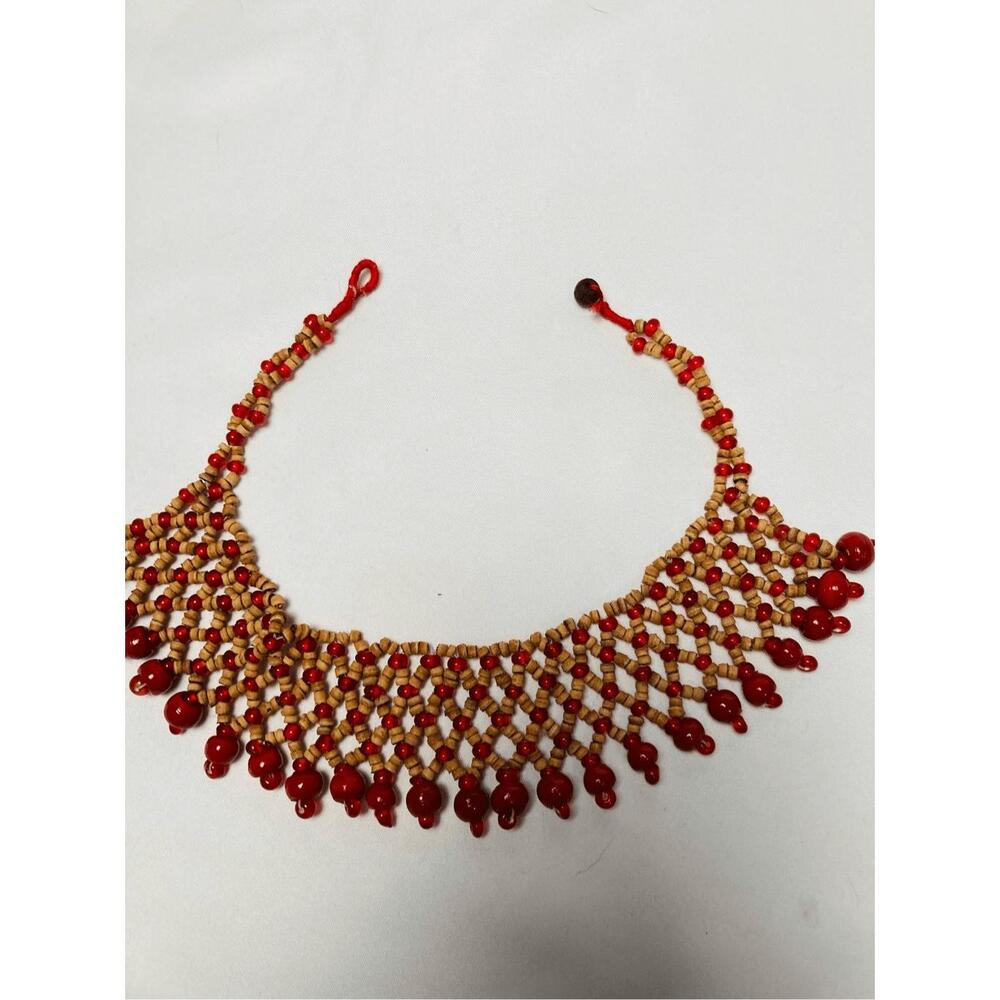 Vintage Choker Necklace with Red and Tan Wooden Beads